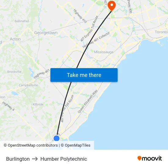 Burlington to Humber Polytechnic map