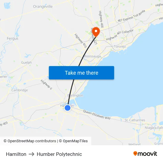 Hamilton to Humber Polytechnic map