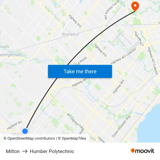 Milton to Humber Polytechnic map