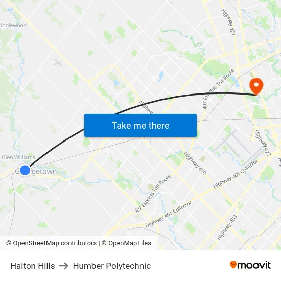 Halton Hills to Humber Polytechnic map