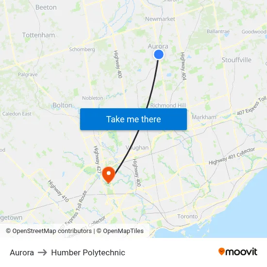 Aurora to Humber Polytechnic map