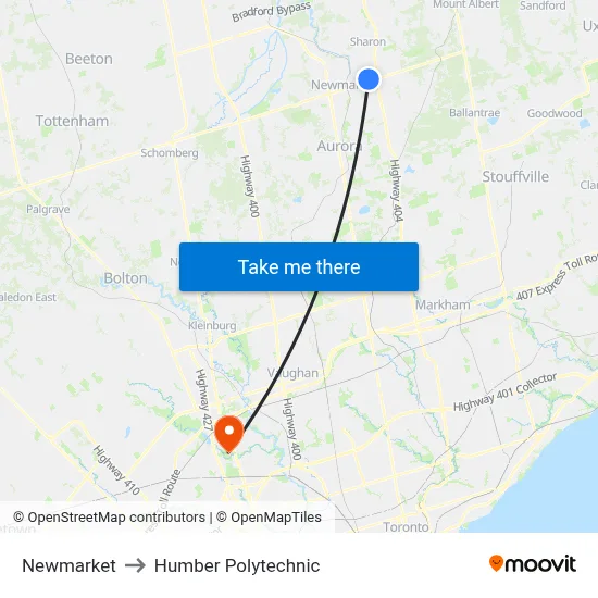 Newmarket to Humber Polytechnic map