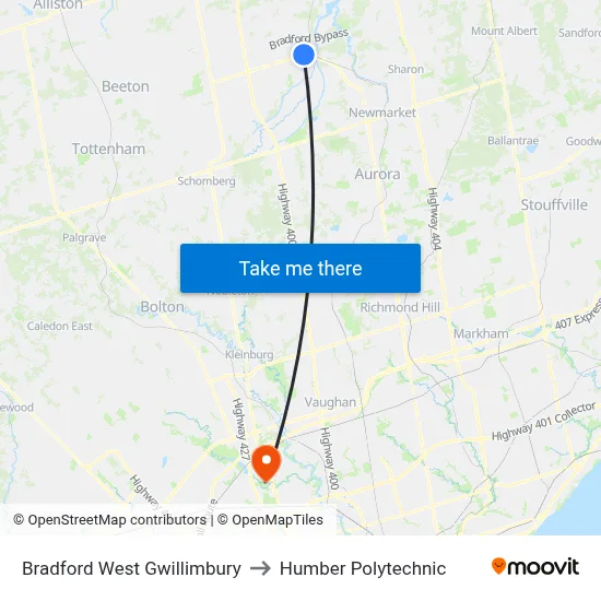 Bradford West Gwillimbury to Humber Polytechnic map