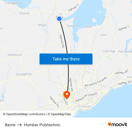 Barrie to Humber Polytechnic map