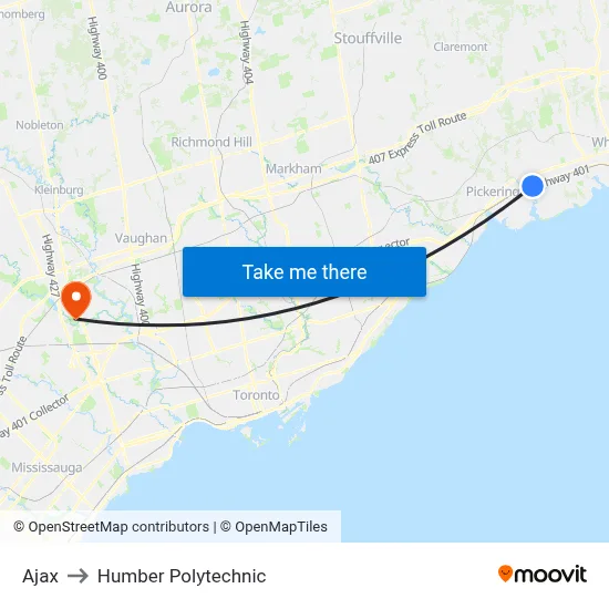 Ajax to Humber Polytechnic map