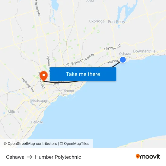 Oshawa to Humber Polytechnic map