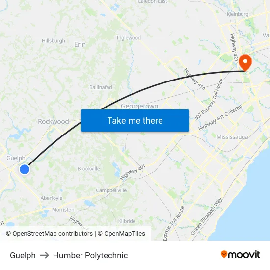 Guelph to Humber Polytechnic map