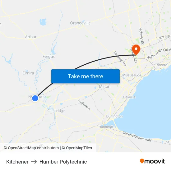 Kitchener to Humber Polytechnic map