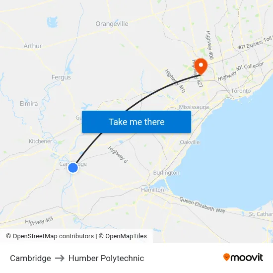 Cambridge to Humber Polytechnic map
