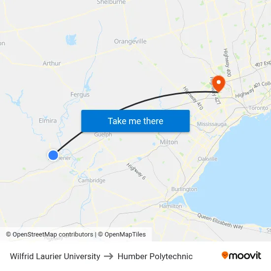 Wilfrid Laurier University to Humber Polytechnic map