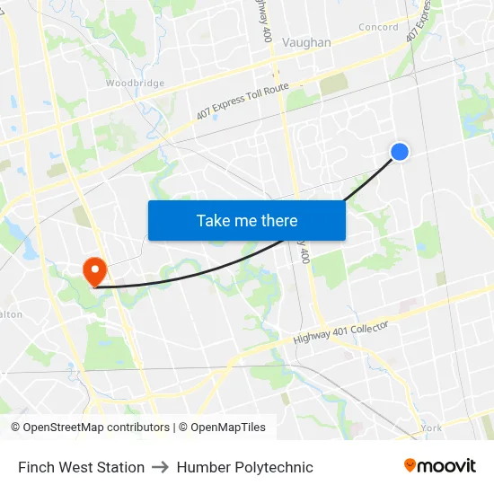 Finch West Station to Humber Polytechnic map