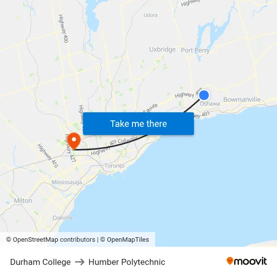 Durham College to Humber Polytechnic map