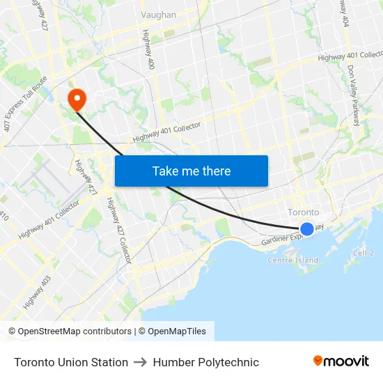 Toronto Union Station to Humber Polytechnic map