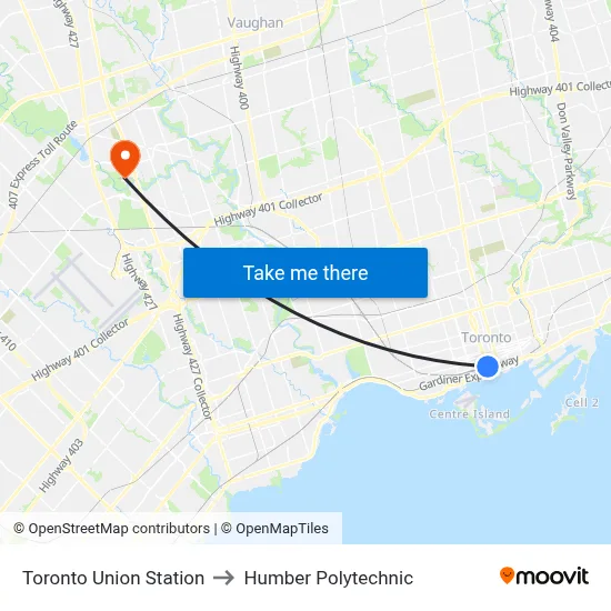 Toronto Union Station to Humber Polytechnic map