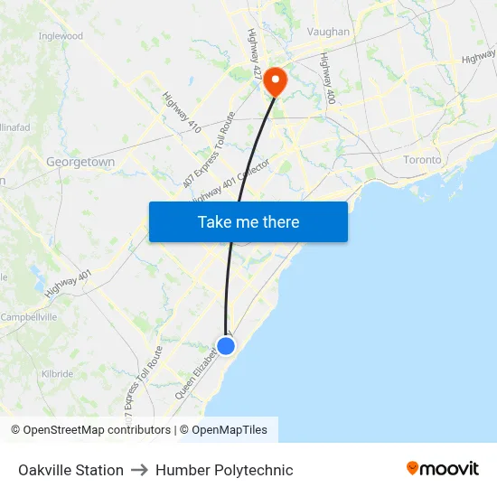 Oakville Station to Humber Polytechnic map