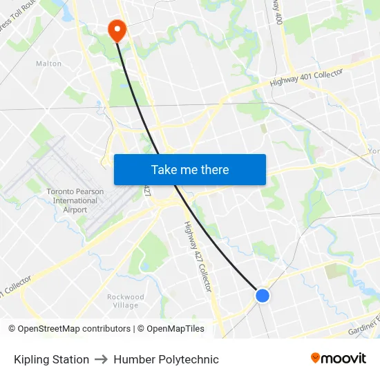 Kipling Station to Humber Polytechnic map