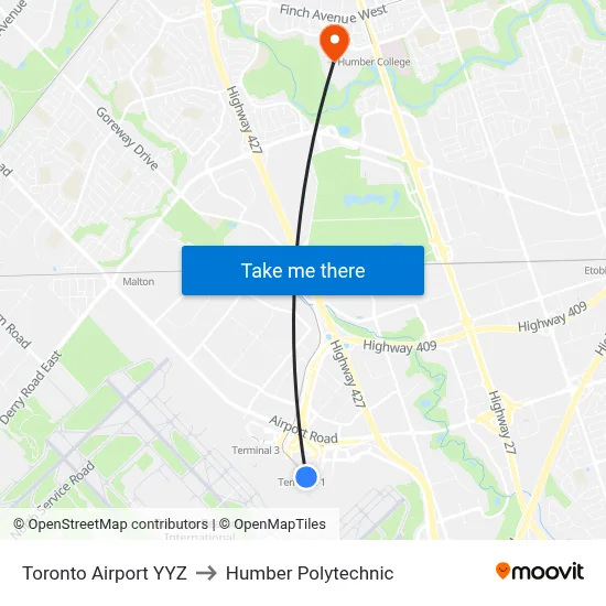 Toronto Airport YYZ to Humber Polytechnic map