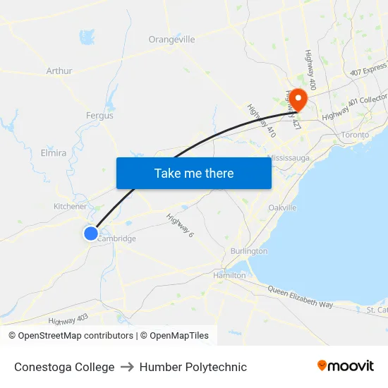 Conestoga College to Humber Polytechnic map