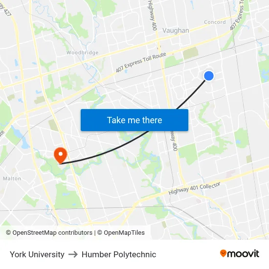 York University to Humber Polytechnic map
