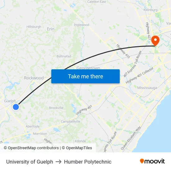University of Guelph to Humber Polytechnic map