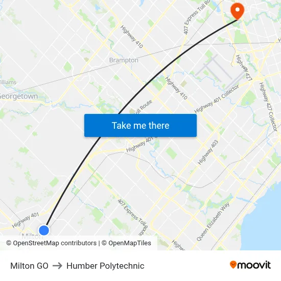 Milton GO to Humber Polytechnic map