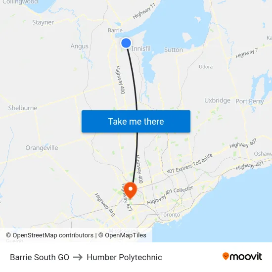 Barrie South GO to Humber Polytechnic map