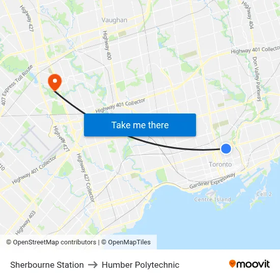 Sherbourne Station to Humber Polytechnic map