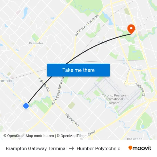 Brampton Gateway Terminal to Humber Polytechnic map