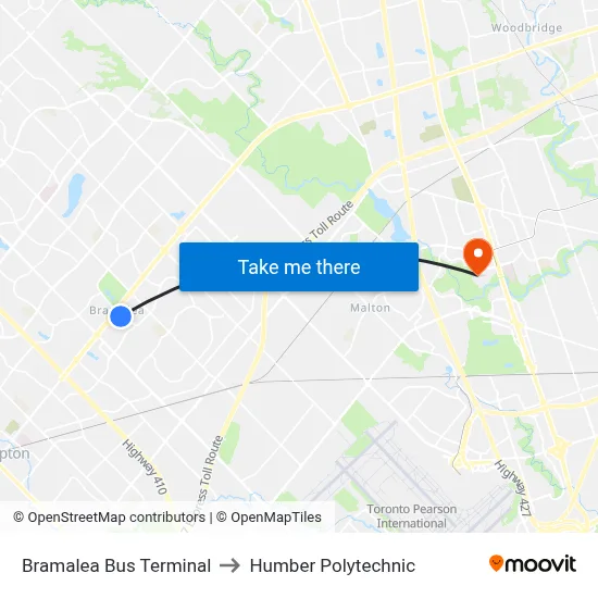 Bramalea Bus Terminal to Humber Polytechnic map