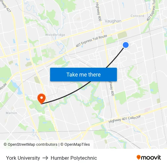 York University to Humber Polytechnic map
