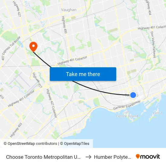 Choose Toronto Metropolitan University to Humber Polytechnic map