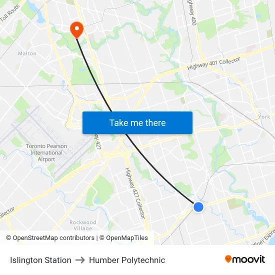 Islington Station to Humber Polytechnic map