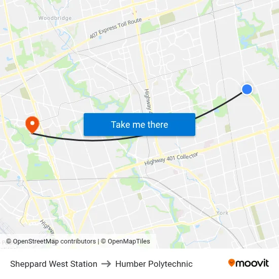 Sheppard West Station to Humber Polytechnic map