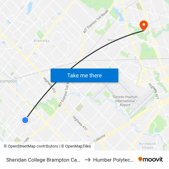 Sheridan College Brampton Campus to Humber Polytechnic map