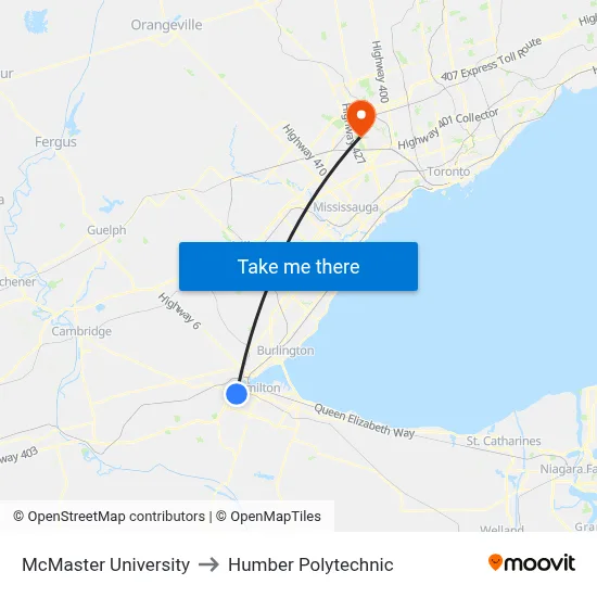 McMaster University, 1280 Main St W to Humber Polytechnic map