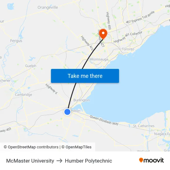 McMaster University to Humber Polytechnic map