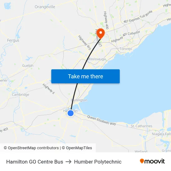 Hamilton GO Centre Bus to Humber Polytechnic map