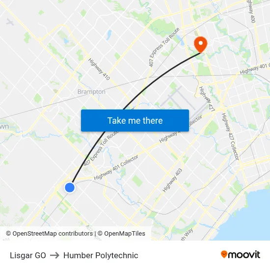 Lisgar GO to Humber Polytechnic map