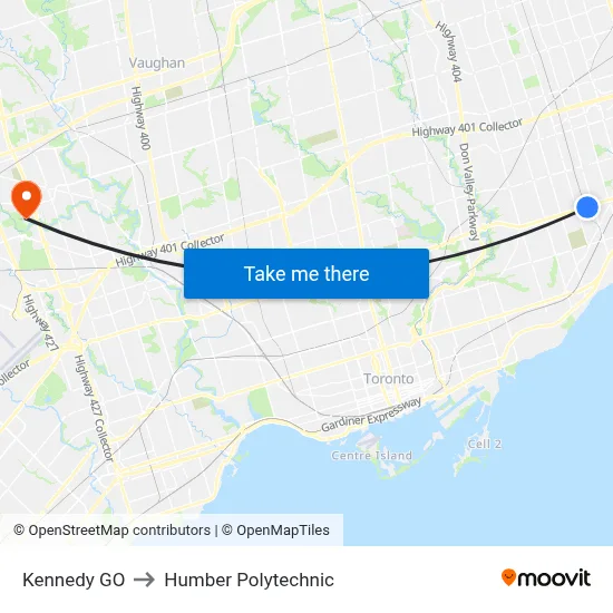Kennedy GO to Humber Polytechnic map