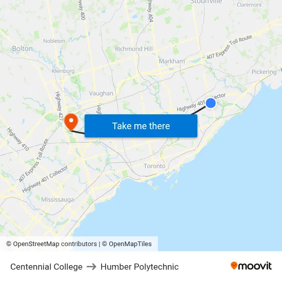 Centennial College to Humber Polytechnic map