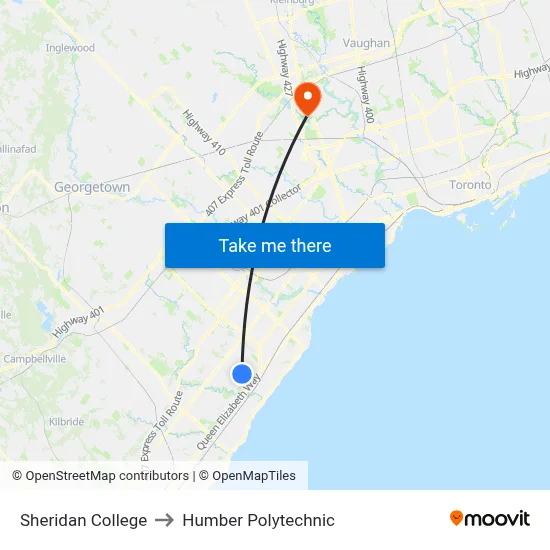 Sheridan College to Humber Polytechnic map