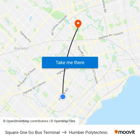Square One Go Bus Terminal to Humber Polytechnic map