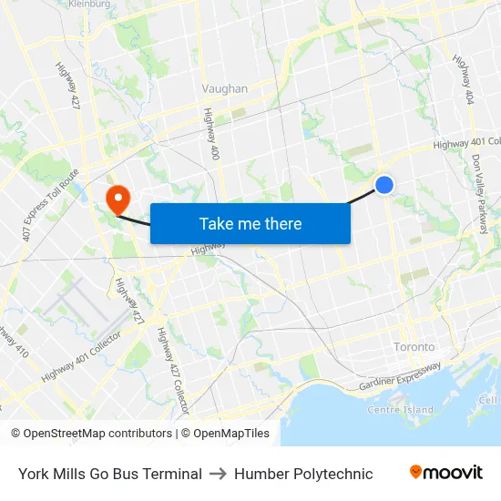 York Mills Go Bus Terminal to Humber Polytechnic map