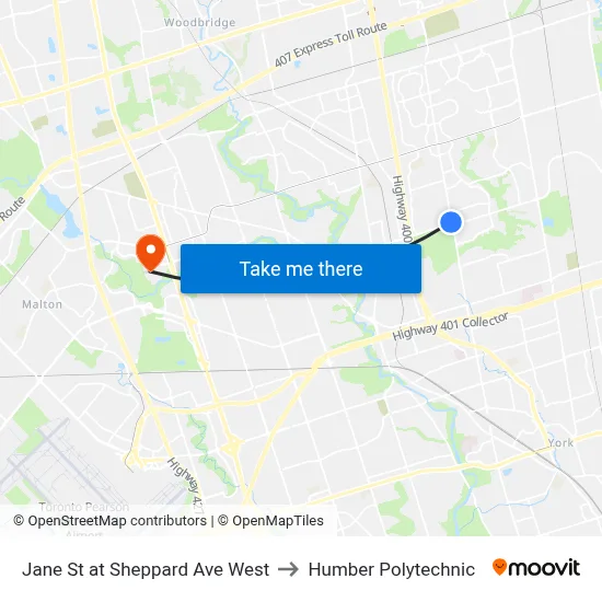 Jane St at Sheppard Ave West to Humber Polytechnic map