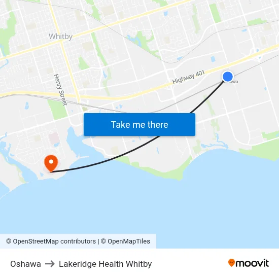Oshawa to Lakeridge Health Whitby map