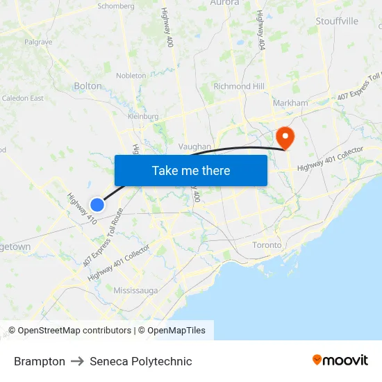 Brampton to Seneca Polytechnic map