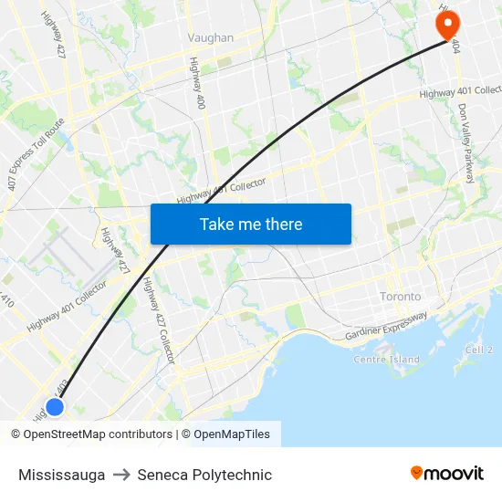Mississauga to Seneca Polytechnic map