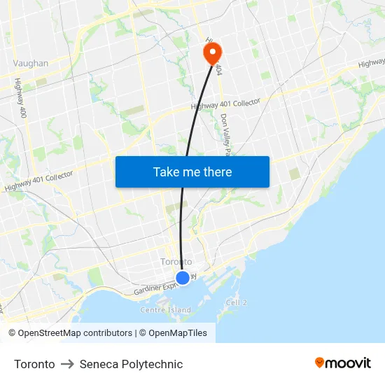 Toronto to Seneca Polytechnic map