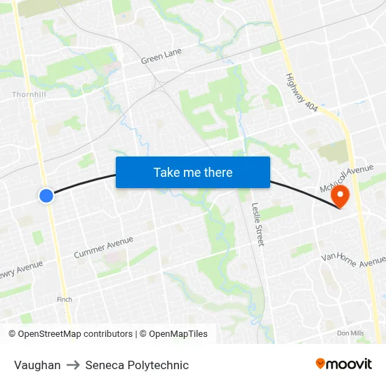 Vaughan to Seneca Polytechnic map