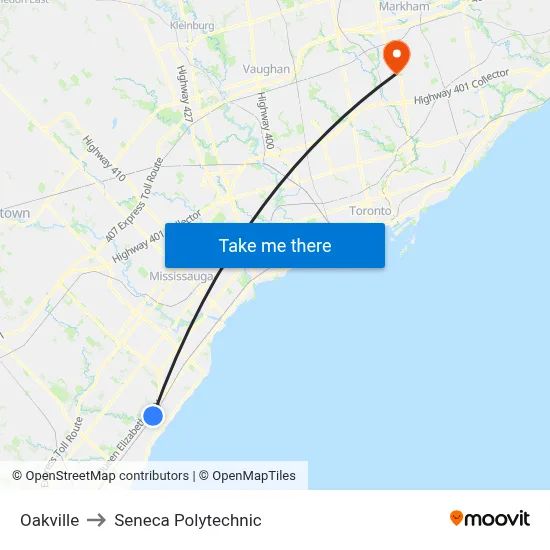 Oakville to Seneca Polytechnic map